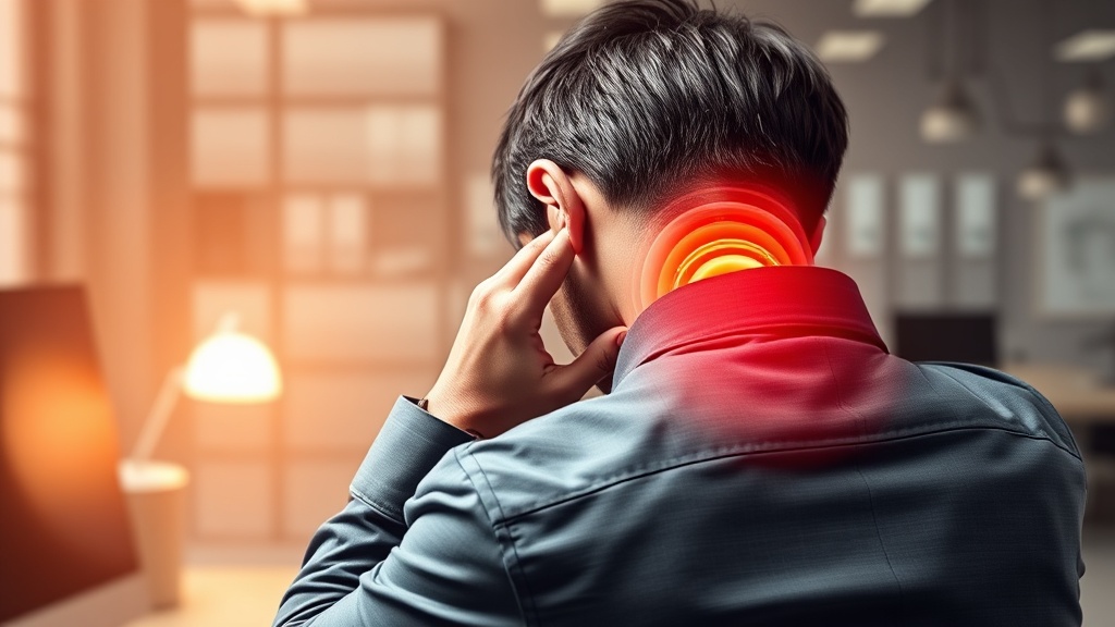 잘못된 자세로 인해 어깨와 목 주변에 뻐근함을 느끼며 손으로 짚고 있는 직장인의 모습
